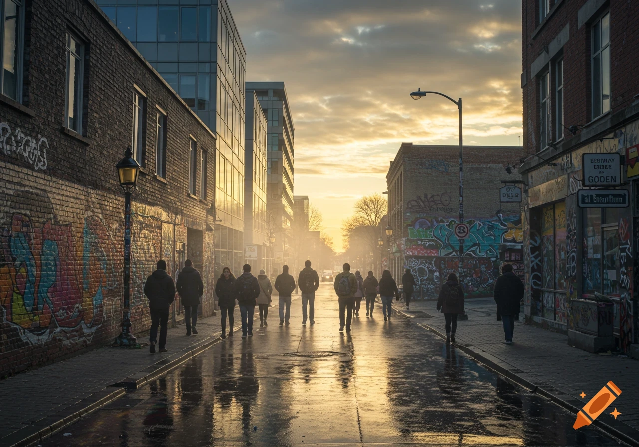 People walk down a wet city street at sunset, buildings with graffiti line the sides, reflecting golden light.