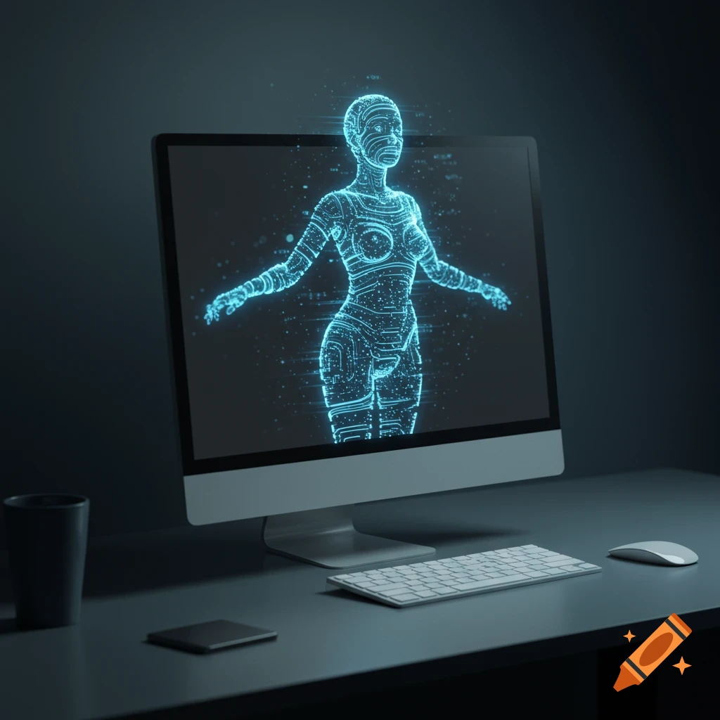 A desktop computer displays a glowing blue wireframe digital human figure on a dark desk.