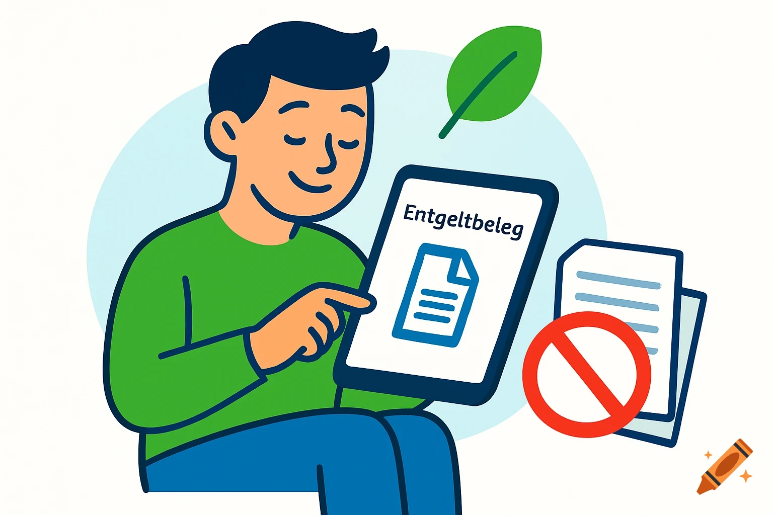An illustration of a person viewing a digital document "Entgeltbeleg" on a tablet, with a crossed-out paper stack and a green leaf for sustainability.