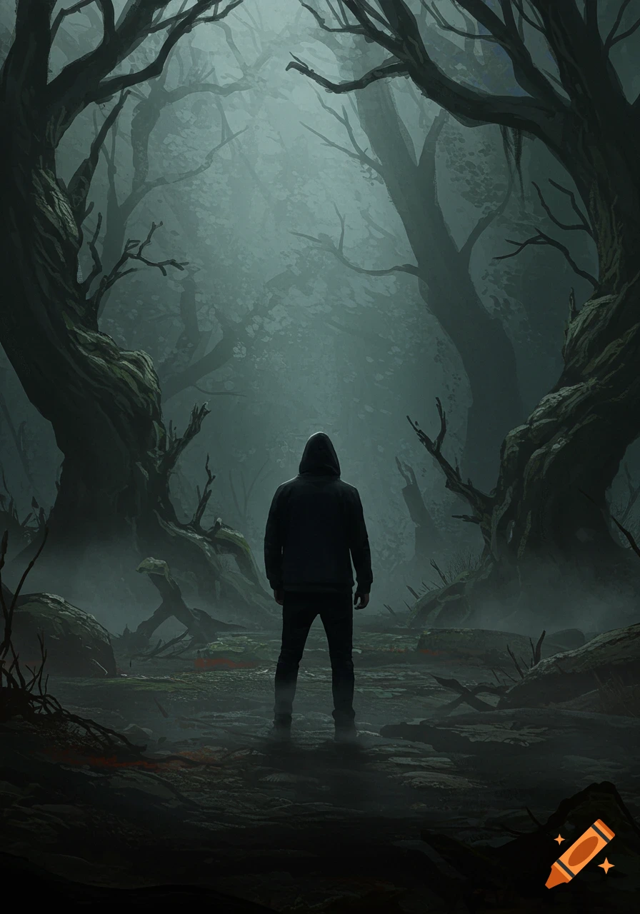 A hooded figure stands with their back to the viewer, gazing into a dark, misty, and gnarled fantasy forest, digital art.