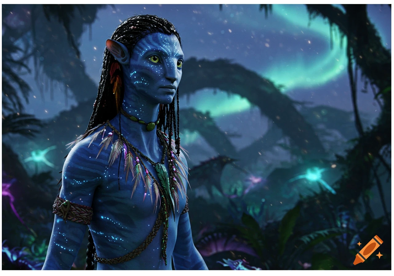 Photorealistic image of a blue-skinned Na'vi character with glowing patterns and tribal jewelry in a bioluminescent jungle at night.