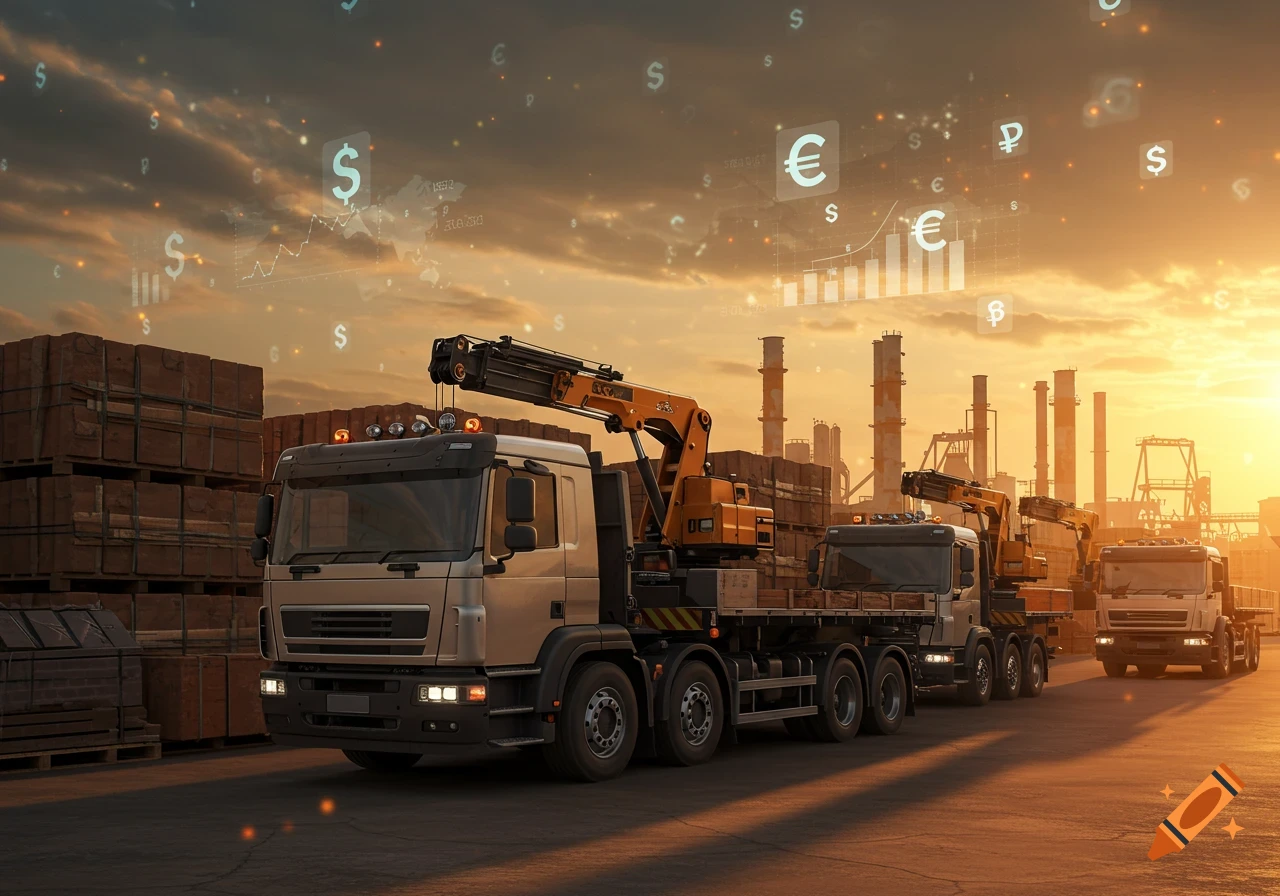 Photorealistic image of flatbed trucks with cranes in an industrial setting at sunset, with financial symbols floating in the sky.