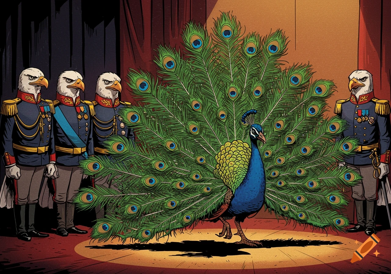 Comic art of a proud peacock with fanned tail on a stage, observed by three stern bald eagles in military general uniforms.