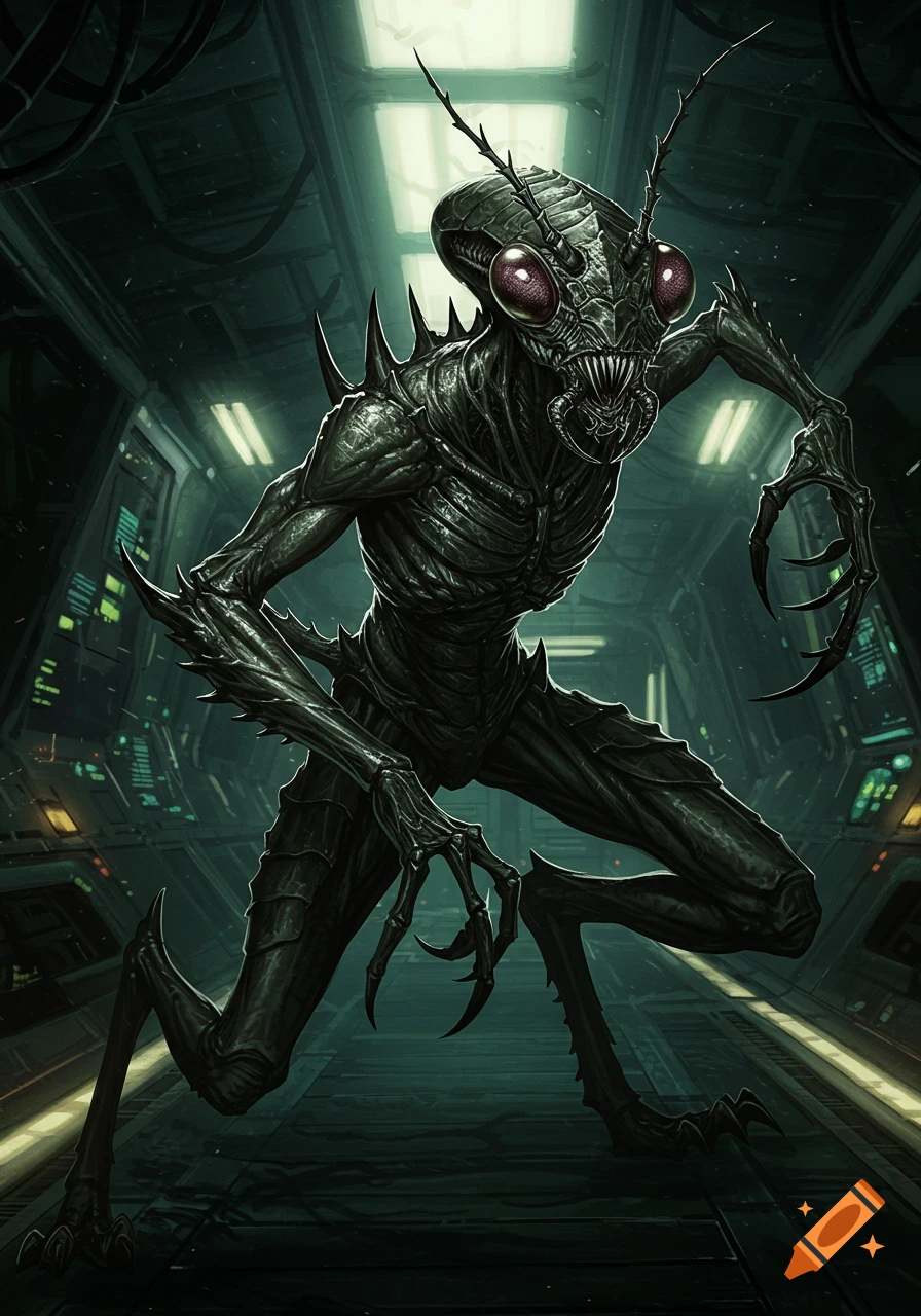 A menacing, dark green, mantis-like alien creature with large red eyes and sharp claws, crouches in a dark spaceship corridor.