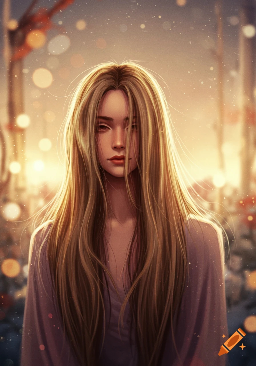 Digital art portrait of a young woman with long blonde hair and an intense gaze, against a soft, glowing bokeh background.