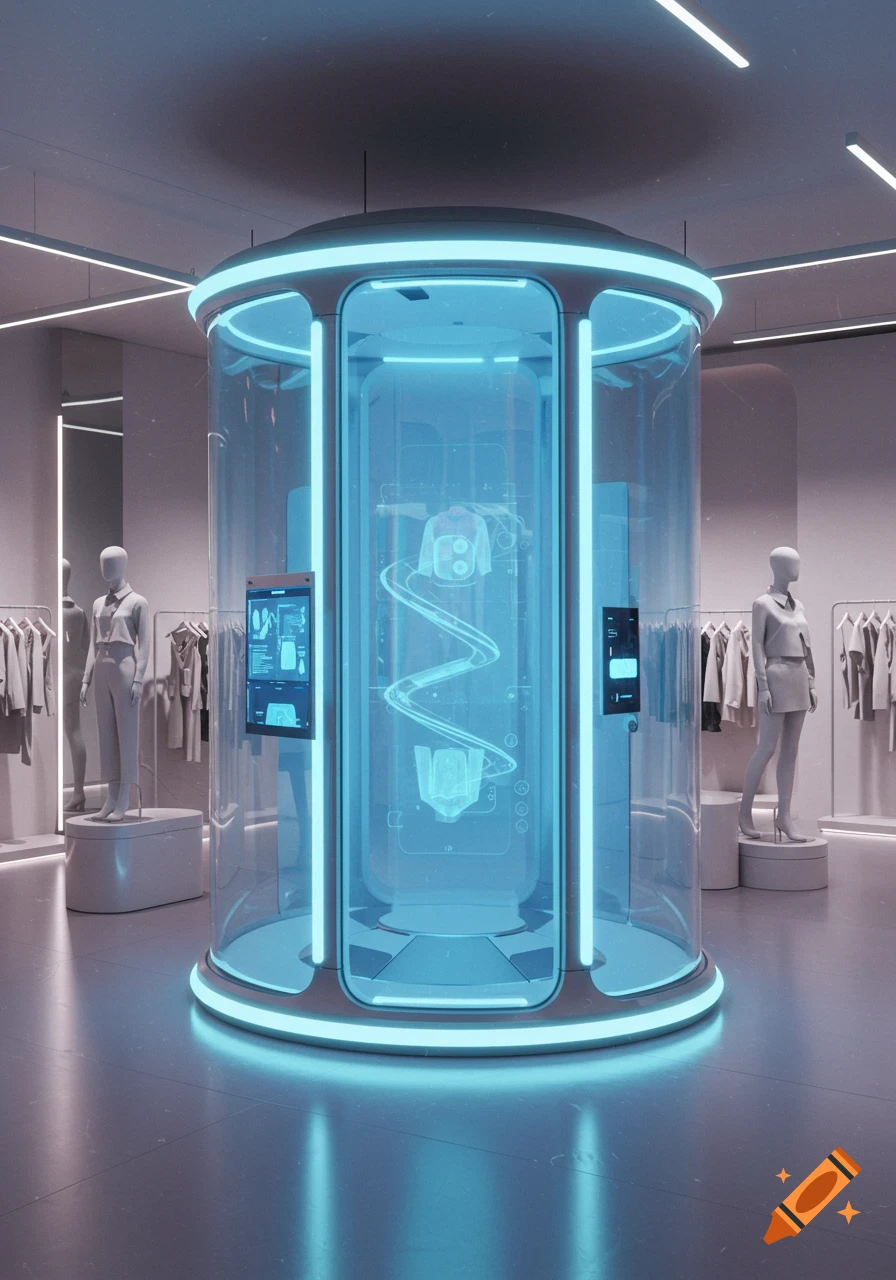 A futuristic, cylindrical electronic changing room with glowing blue lights inside a modern, sterile clothing store with mannequins.