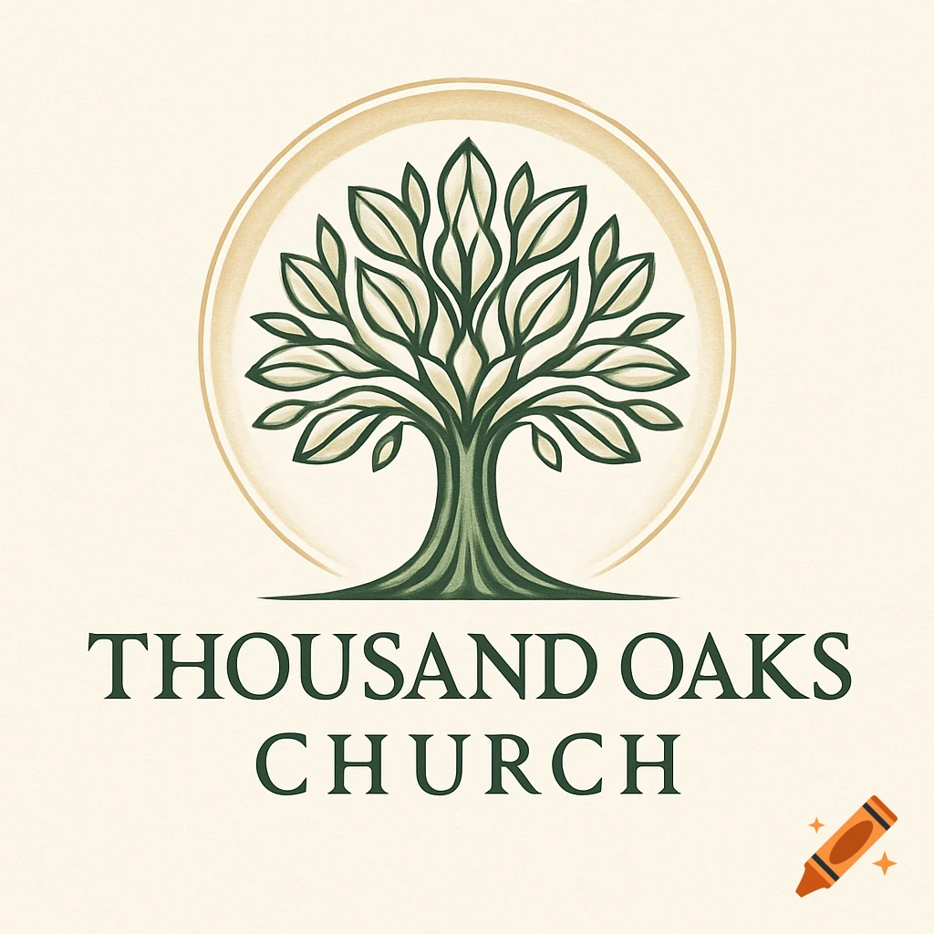 Logo for Thousand Oaks Church featuring a stylized green tree within a gold circle on a light background.