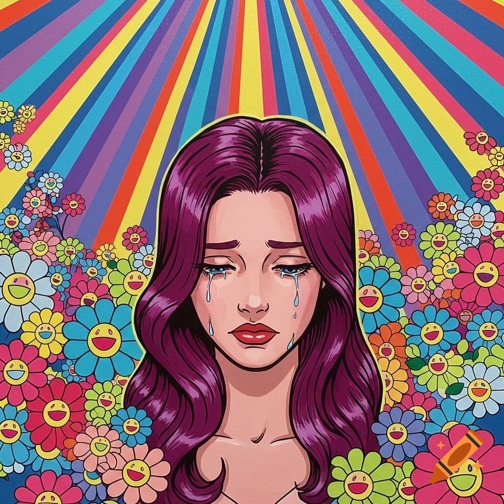 A pop art illustration of a crying woman with purple hair, surrounded by colorful stylized flowers and rainbow rays.