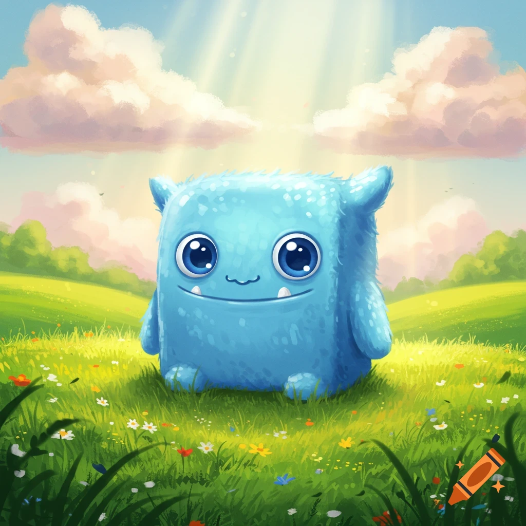A cute, square, blue furry monster with big eyes smiles in a sunny, vibrant green meadow filled with wildflowers under a blue sky.