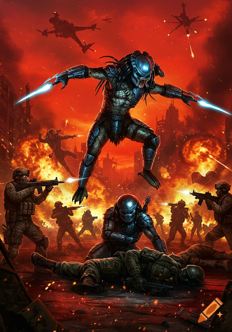 Stylized illustration of Yautja Predators battling U.S. military forces in an explosive, war-torn city. A main Predator leaps over fallen soldiers.