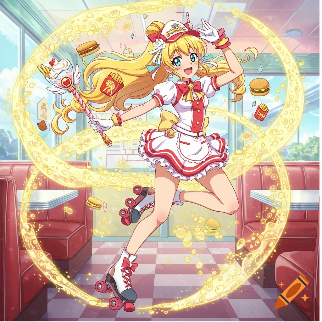 Anime magical girl in a Sonic Drive-In waitress uniform and roller skates, holding a milkshake wand in a diner.