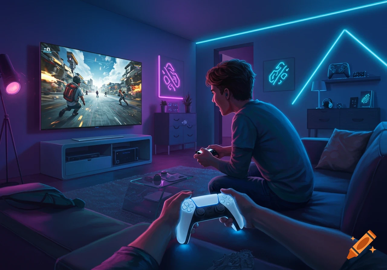 A gamer plays on a PlayStation 5 in a neon-lit room. The player's hands hold a glowing white controller in the foreground, while another gamer is visible on the couch, focused on a large TV displaying a vibrant video game.