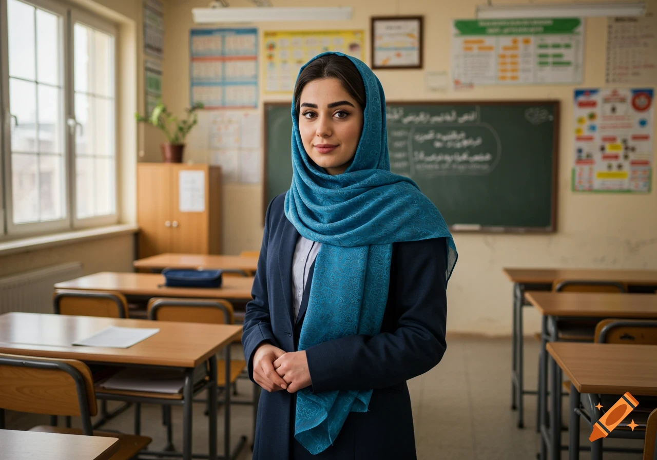 A photorealistic portrait of an Iranian female teacher in a blue hijab and dark suit, standing confidently in a tidy classroom.
