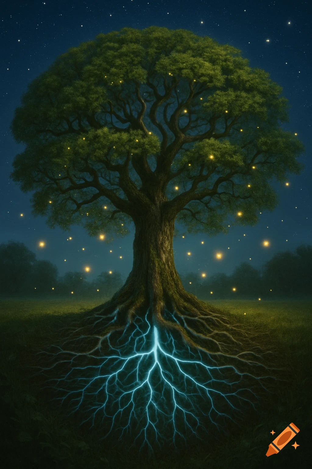 A mystical tree with glowing blue roots and yellow lights in its canopy, under a starry night sky.