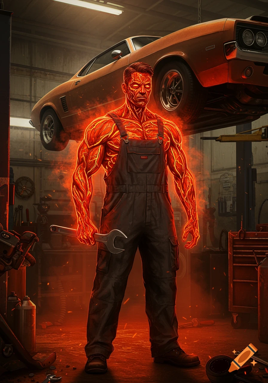 Muscular mechanic with glowing red skin and veins holds a wrench in a dramatic, stylized garage scene with a lifted orange car.