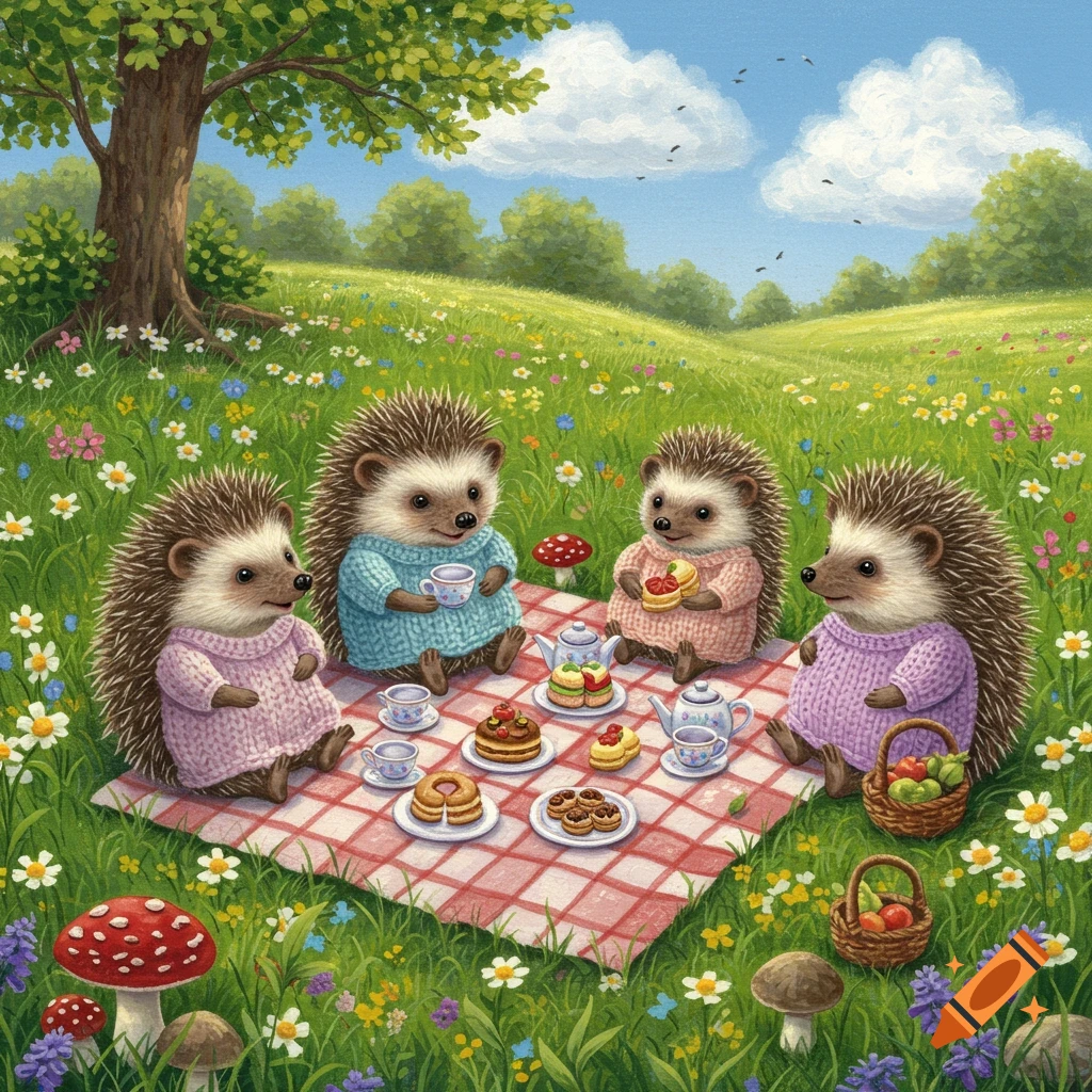 Four cute, dressed hedgehogs picnic in a sunny, wildflower meadow with pastries and teacups, in a whimsical illustration style.