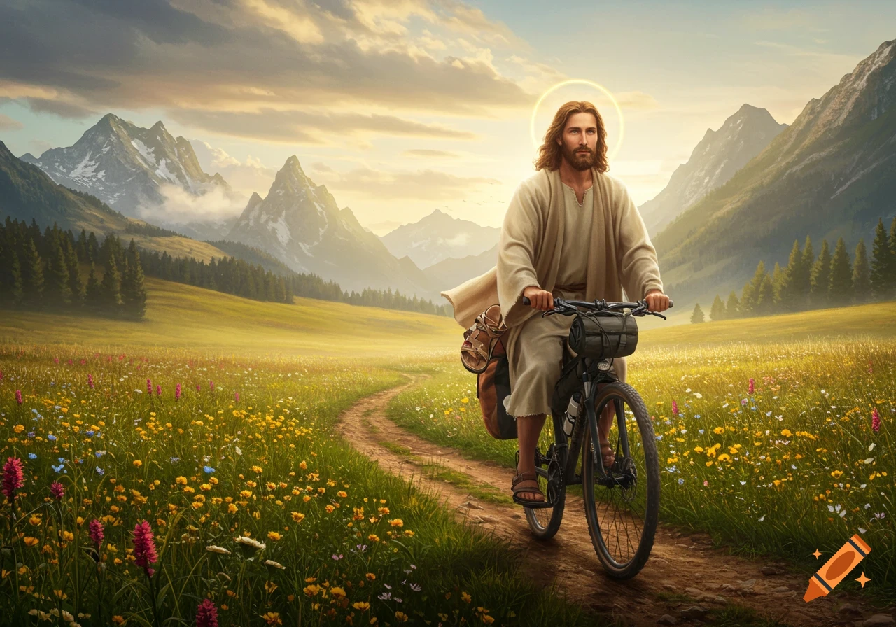 Jesus bikepacking on a dirt path through a vibrant wildflower meadow with majestic mountains at sunrise.