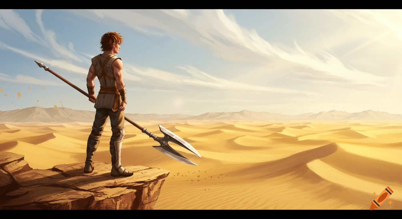 A young warrior in light armor with a double-bladed spear stands on a rocky cliff overlooking a vast sunny desert, in a digital art style.
