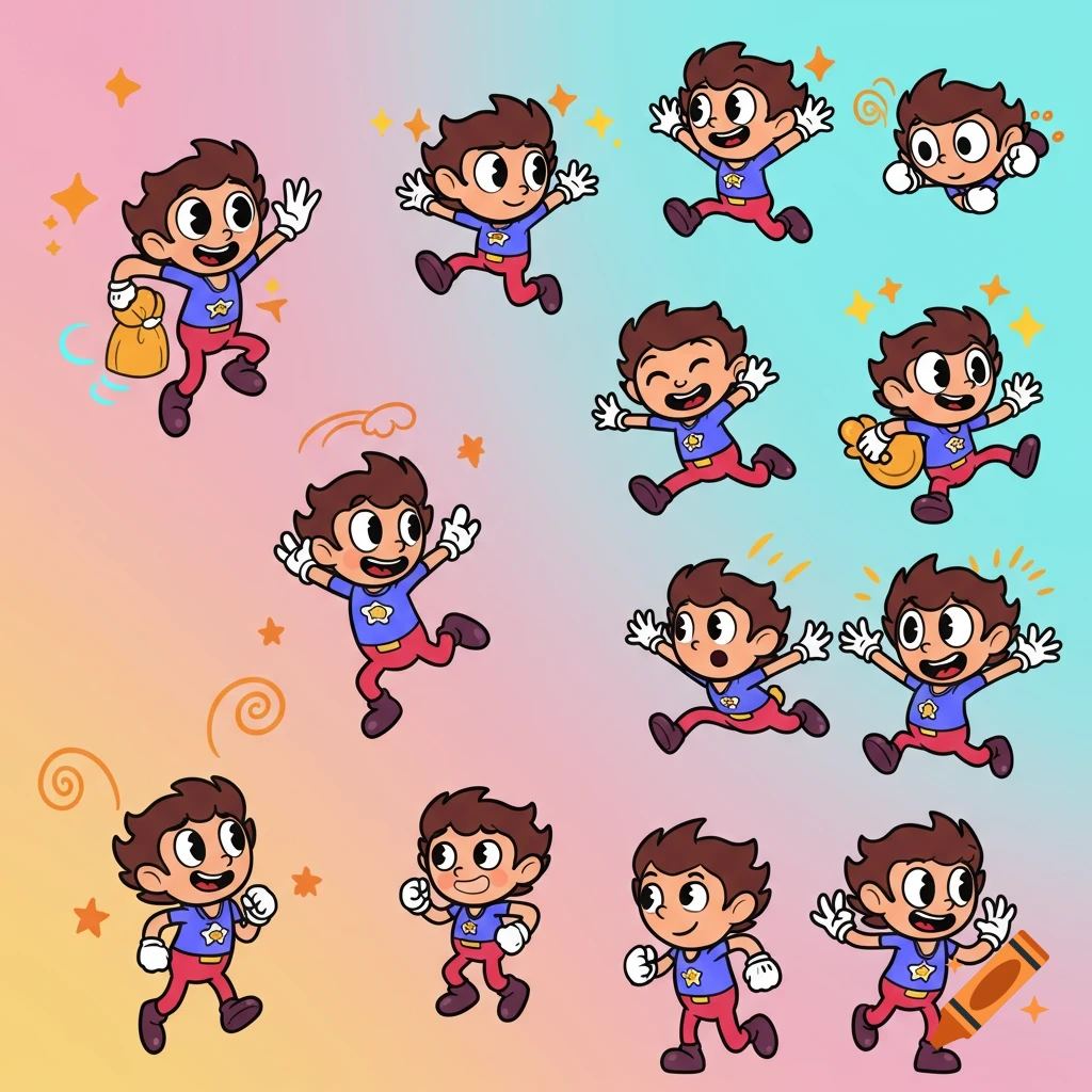 A collection of cartoon character sprites featuring a boy in a blue shirt with a star, in various running and jumping poses.