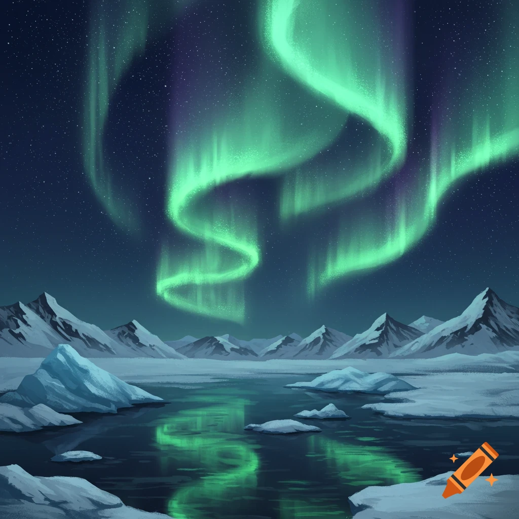 Green and purple aurora borealis illuminates an icy polar landscape with snow-capped mountains and reflective water.