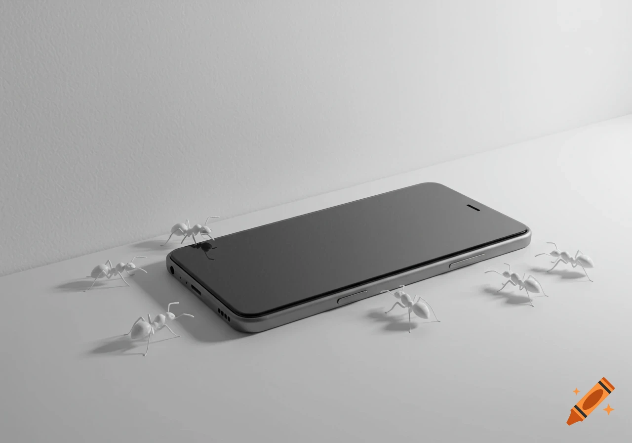 White ants crawl on and around a minimalist mobile phone against a white background.