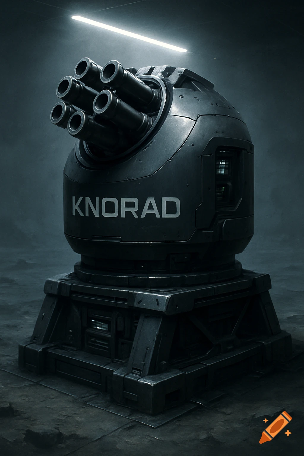 A dark, futuristic minigun turret with 'KNORAD' written on its side, illuminated by a bright bar light above.
