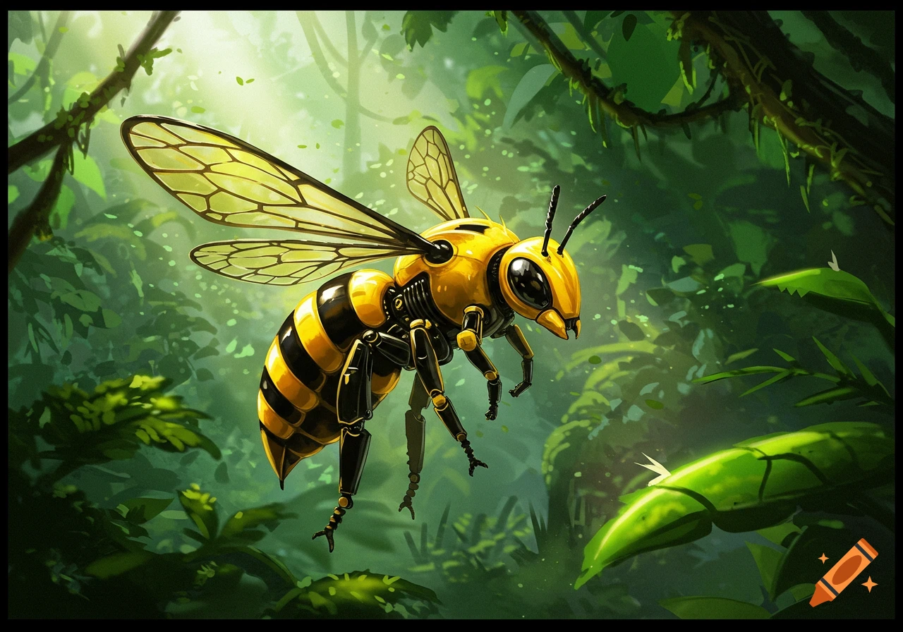 A stylized mechanical bee with yellow and black stripes flies through a lush, green jungle.
