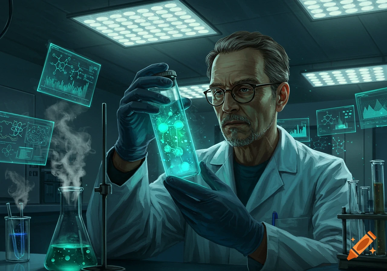 A serious scientist in a lab coat examines a glowing chemical flask, surrounded by holographic data screens in a dimly lit, futuristic laboratory.