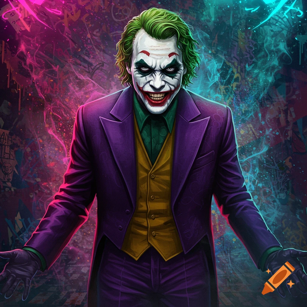 Vibrant digital art portrait of the Joker in a purple tuxedo with green hair, smiling maniacally against a colorful graffiti background.