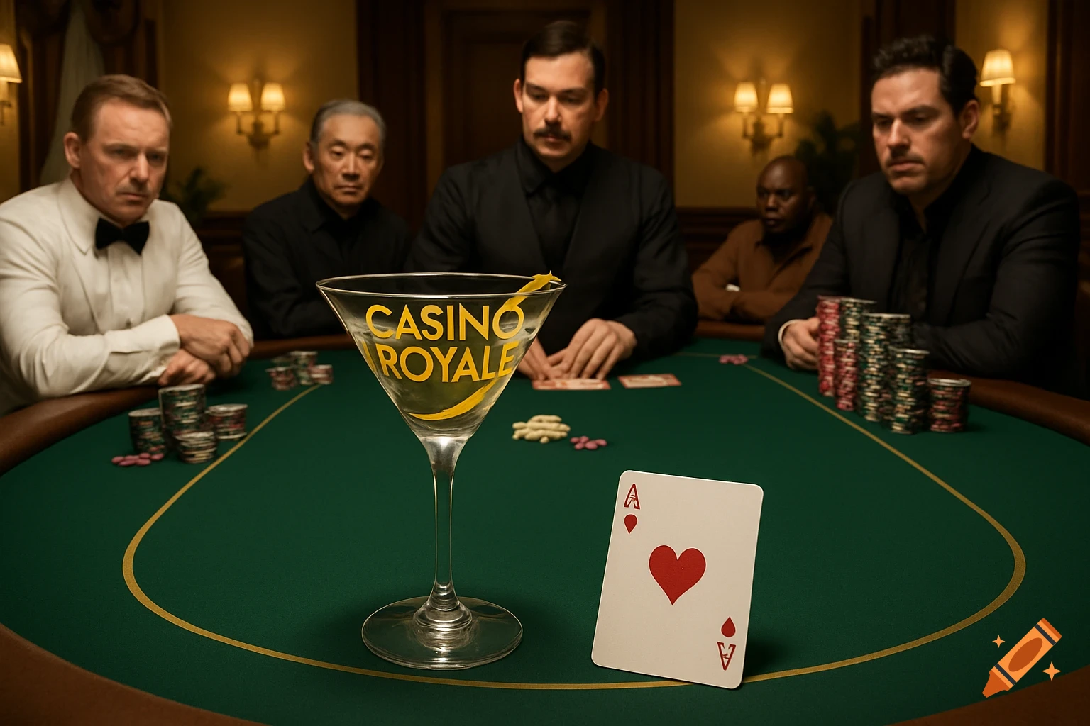 Men play poker at a green felt casino table, a martini glass etched with 'Casino Royale' and an Ace of Hearts card in the foreground.