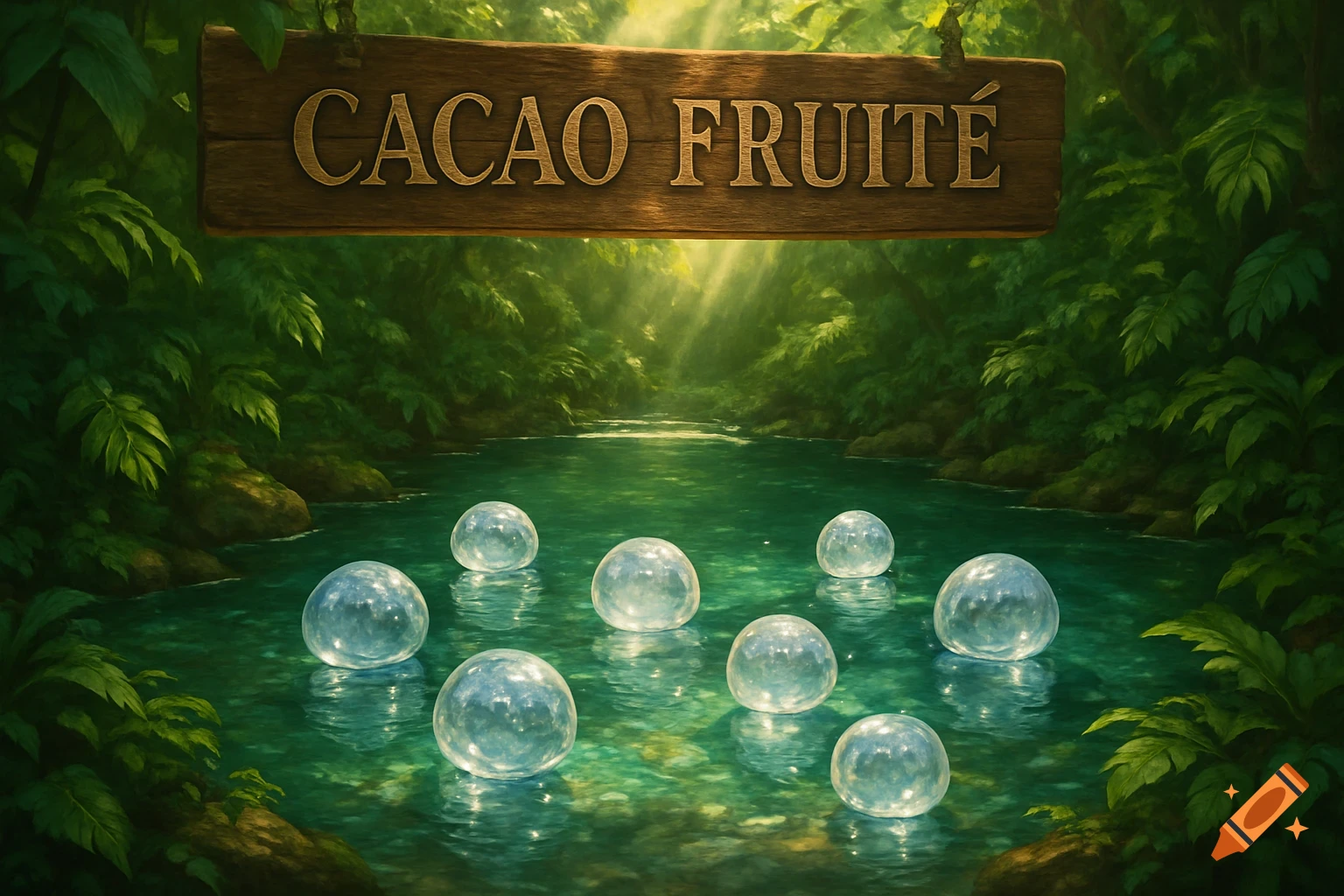 A lush jungle river with glowing transparent orbs floating on the water, beneath a wooden sign reading 'CACAO FRUITÉ'.