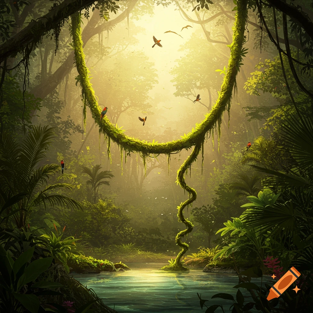 Lush jungle landscape with a large vine arching over a reflective pond, birds flying and perched among dense foliage.