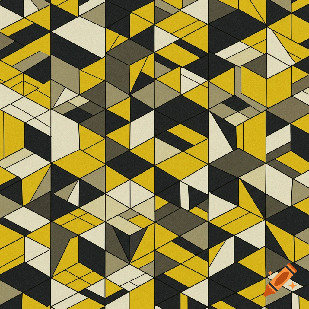 Seamless geometric pattern of interlocking yellow, black, and white 3D cubes and triangles with intricate line work and shading.