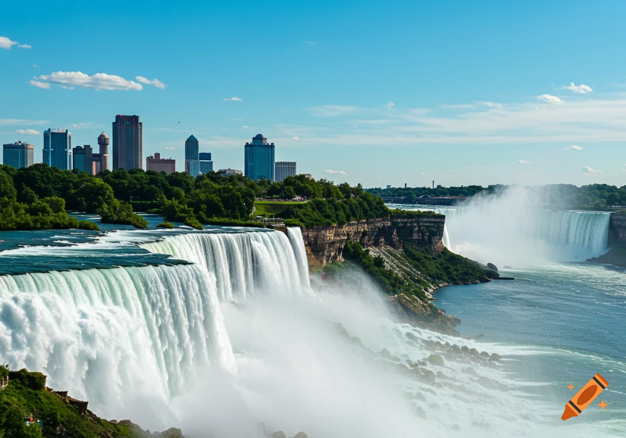 Photorealistic view of Niagara Falls with white rushing water, green cliffs, and a distant cityscape under a bright blue sky.