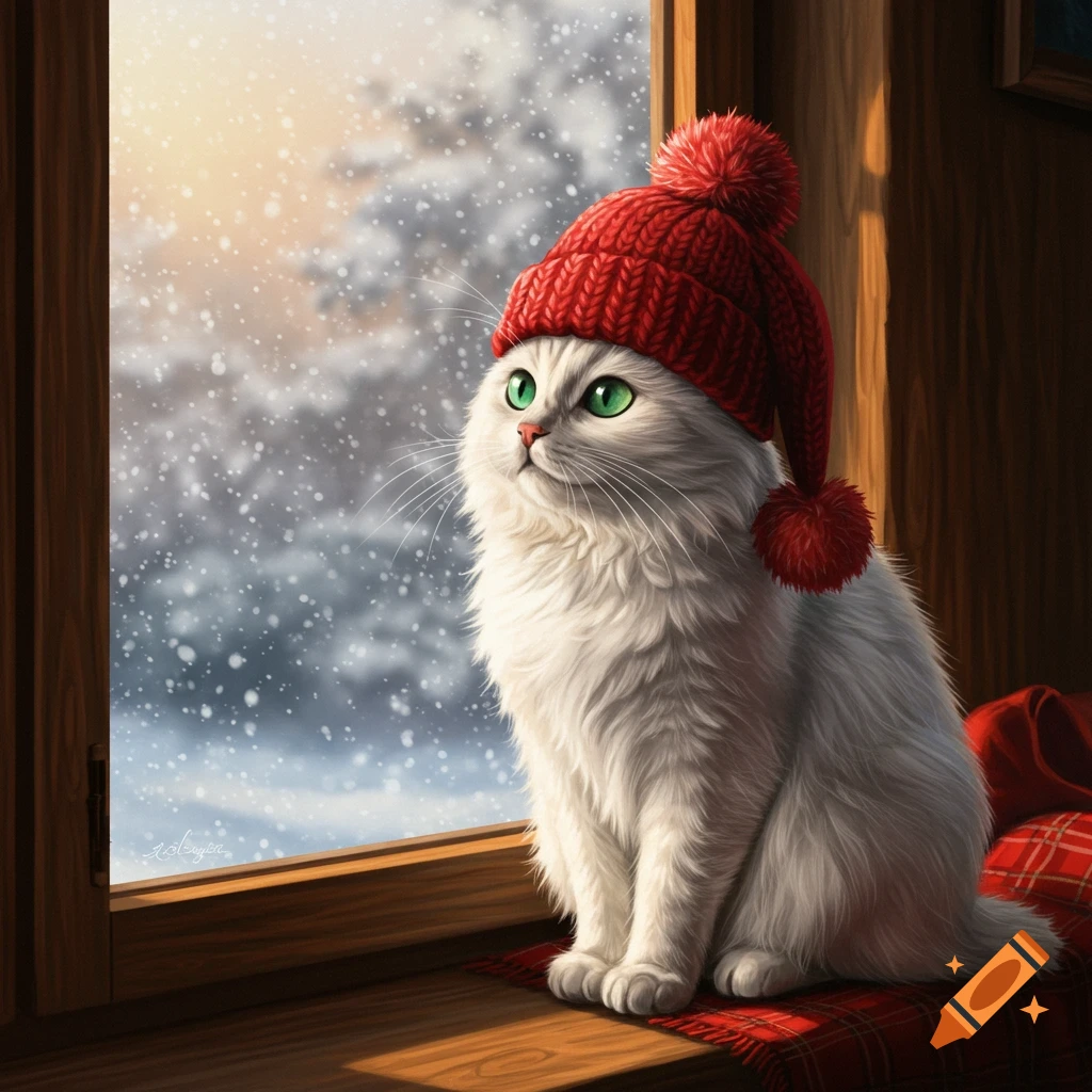 A fluffy white cat with green eyes wearing a red woolly hat sits on a window sill, looking out at a snowy winter landscape.
