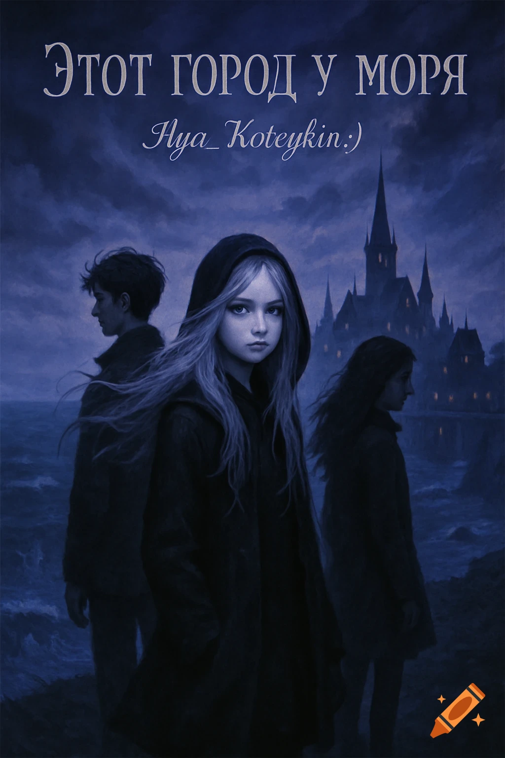 A moody gothic painting depicts three teenagers standing by a stormy dark blue sea, with a silhouette of a gothic castle in the background. Text on top reads "Этот город у моря" and "Ilya_Koteykin:)".