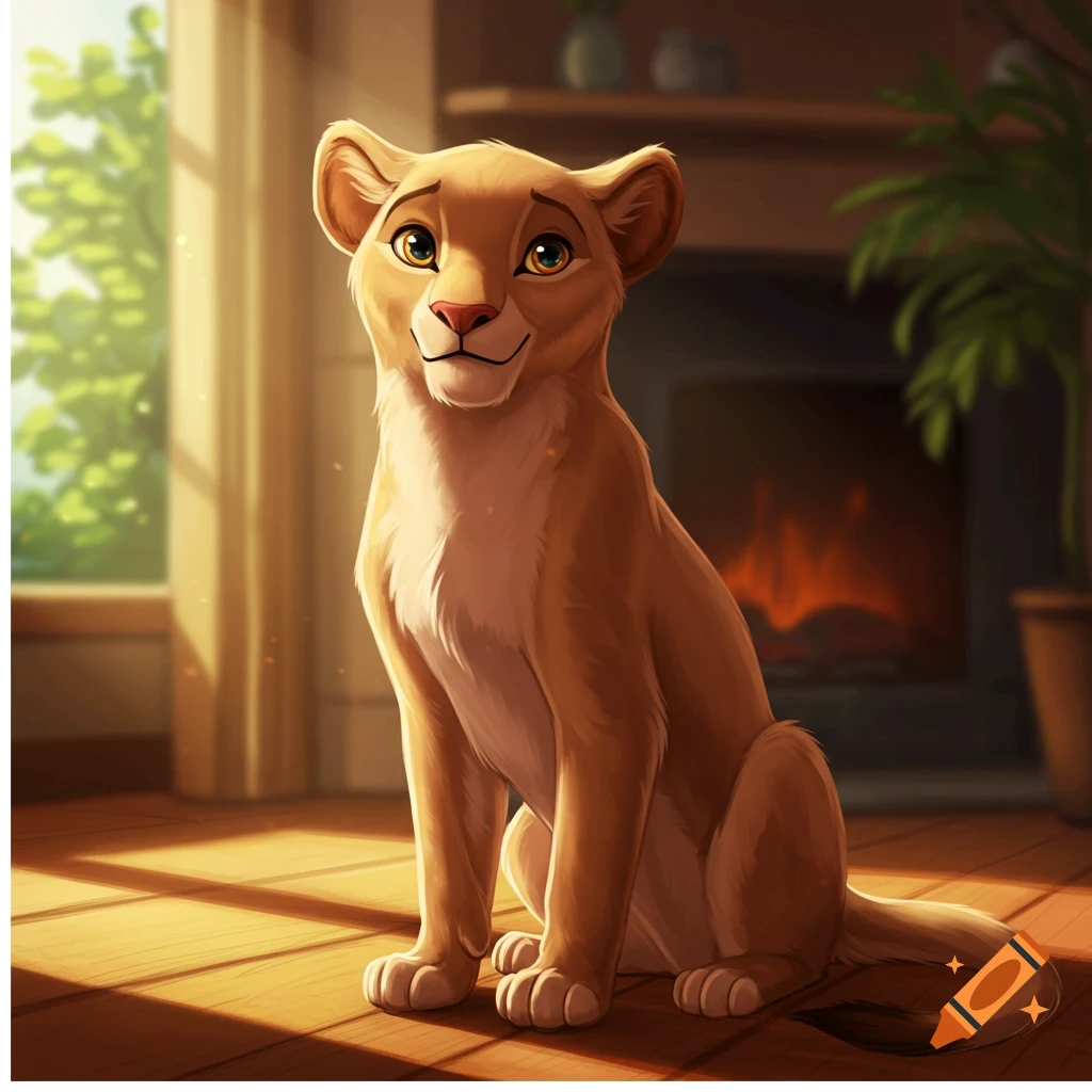 Animated lioness sitting in a warm, sunlit room with a fireplace and plants.