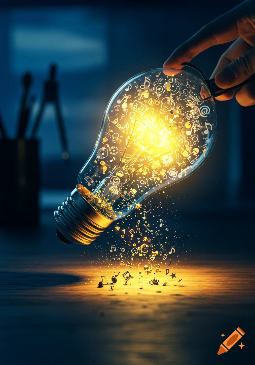 A glowing lightbulb held by a hand, filled with tiny symbols like music notes, '@' signs, and gears, with similar symbols falling onto a dark wooden surface.