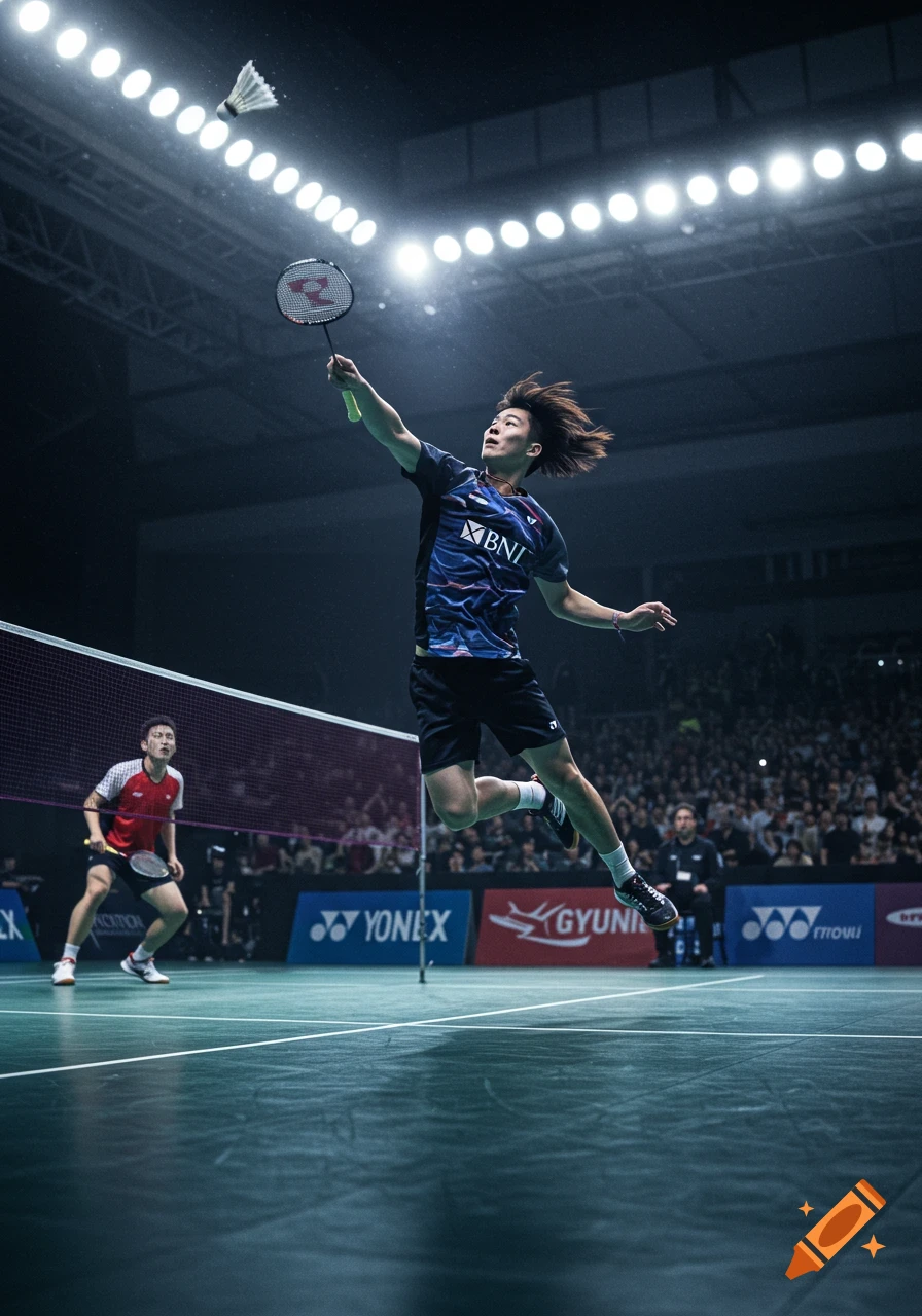 A male badminton player leaps high to hit a shuttlecock with a racket on an indoor court during a game. Photorealistic.