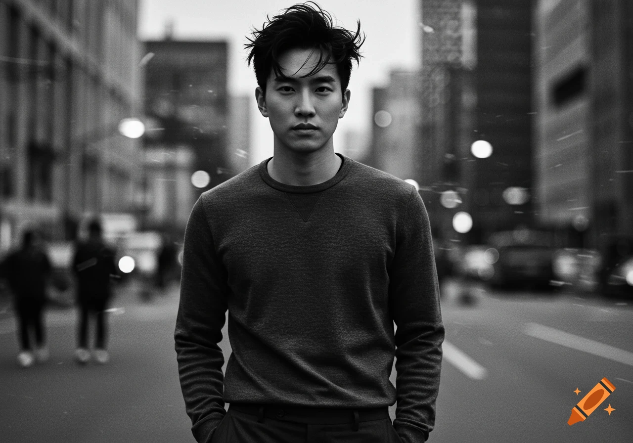 A black and white street portrait of a young man with short messy hair, wearing a gray sweatshirt, standing with hands in pockets.
