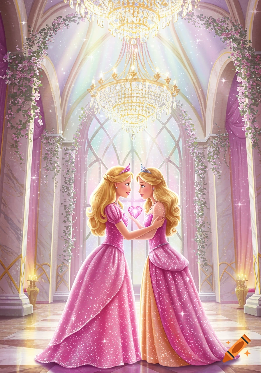 Two Barbie-like princesses in sparkly pink gowns face each other, holding a glowing pink heart in a grand fantasy palace hall.