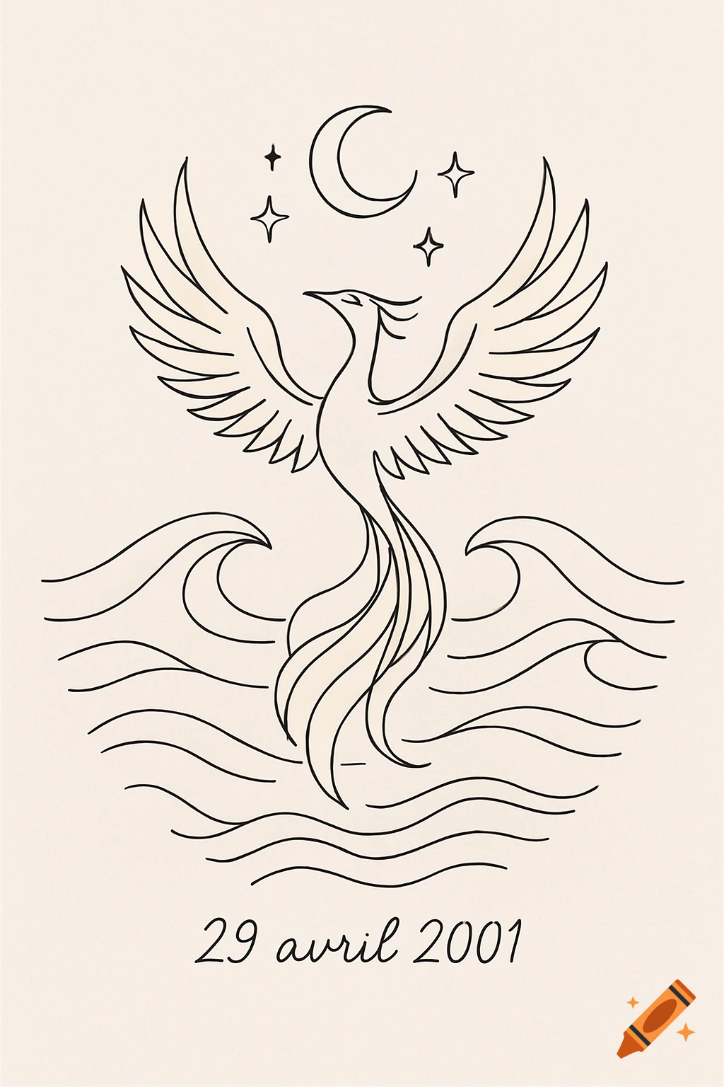 Minimalist black line art of a phoenix rising from waves, with a crescent moon and stars, and the date '29 avril 2001'.