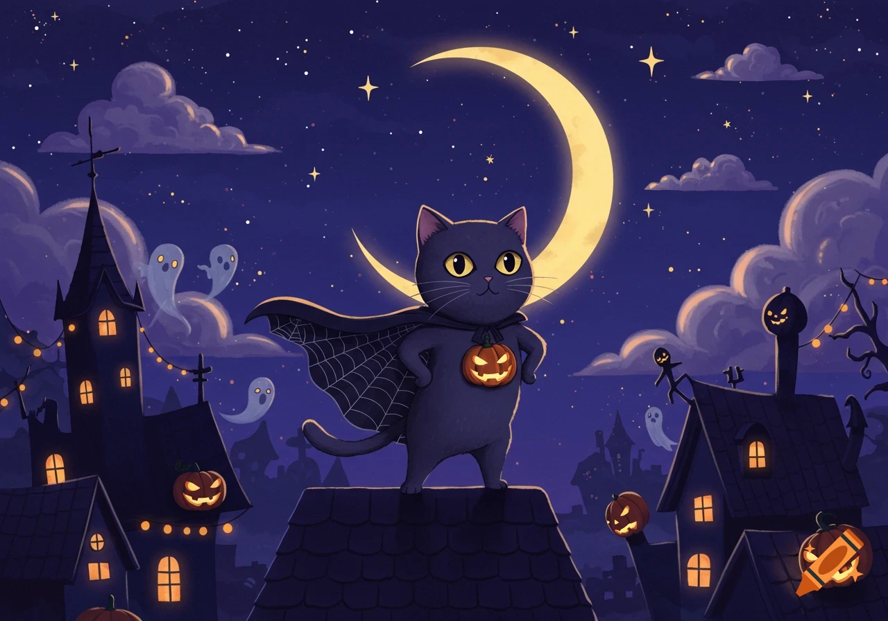 A cartoon black cat in a spiderweb cape and pumpkin emblem stands on a rooftop on a Halloween night with ghosts and spooky houses.