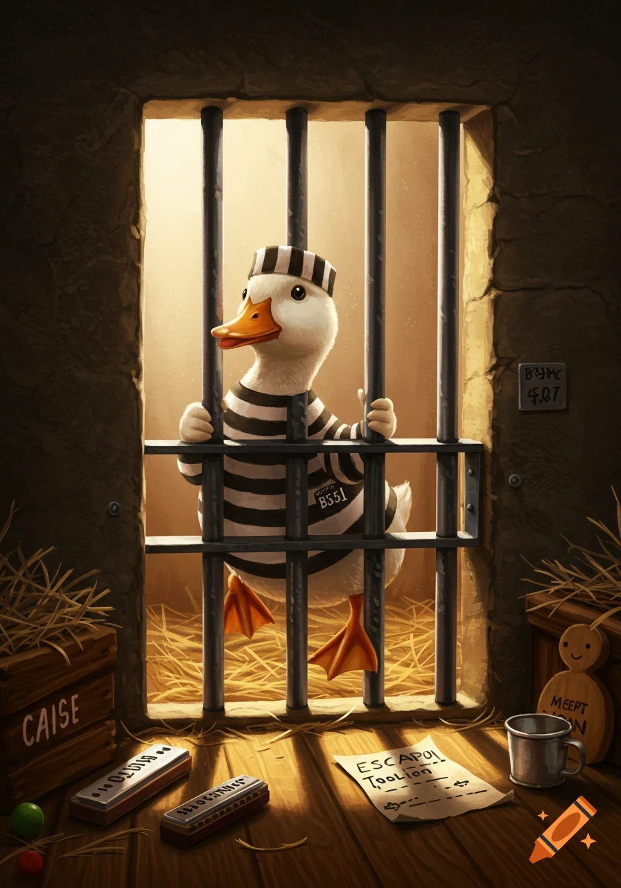 A cute cartoon duck in a black and white striped prisoner uniform and hat, peering out from behind jail bars. The cell floor is covered in hay, with a paper with 'ESCAPO!' written on it, harmonicas, and a metal mug.