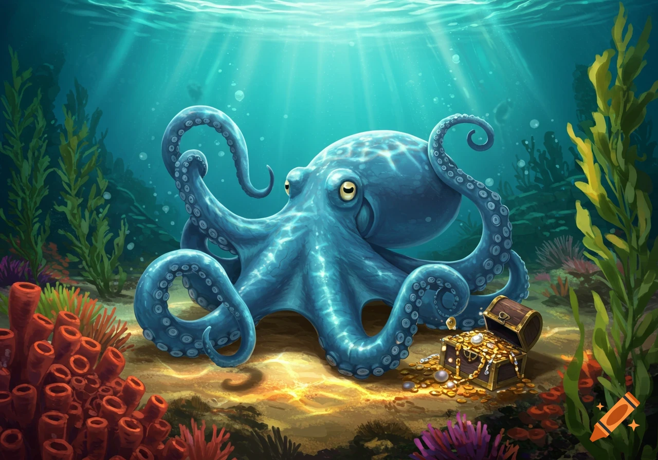 A cute blue octopus on the seabed next to an open treasure chest, surrounded by colorful coral and plants underwater.