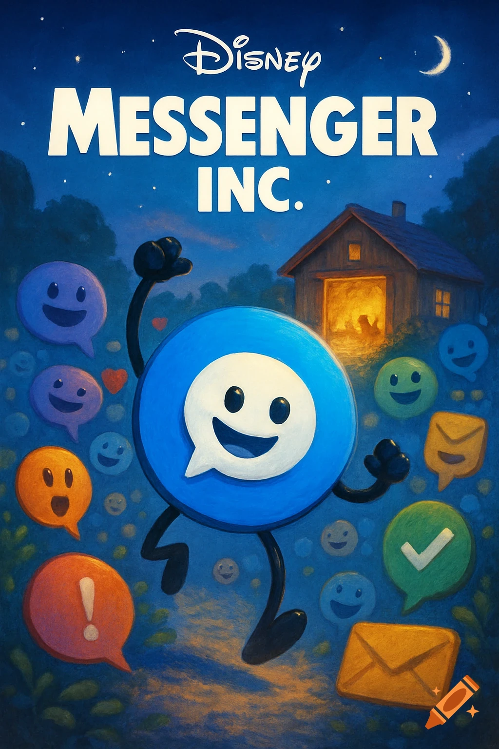 Disney 'Messenger Inc.' movie poster with a blue chat bubble character running among emojis and a shed at night.
