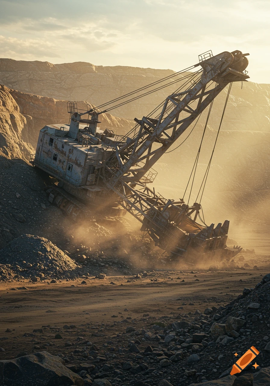 A large, rusted dragline excavator lies fallen and partially buried in a dusty gravel pit under a bright, hazy sky.