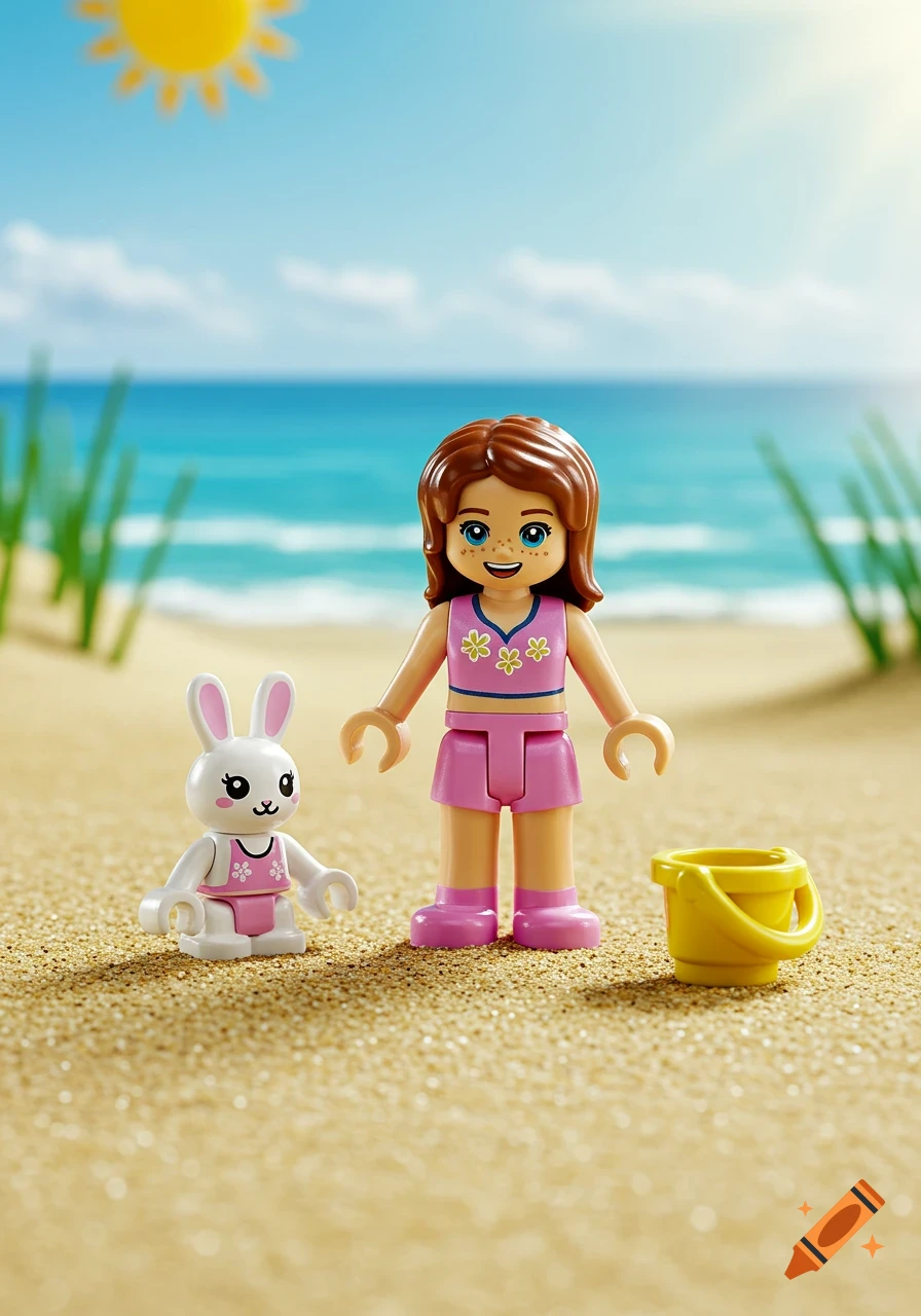 A Lego girl with brown hair and a pink outfit stands on a sandy beach next to a white Lego bunny and a yellow bucket.