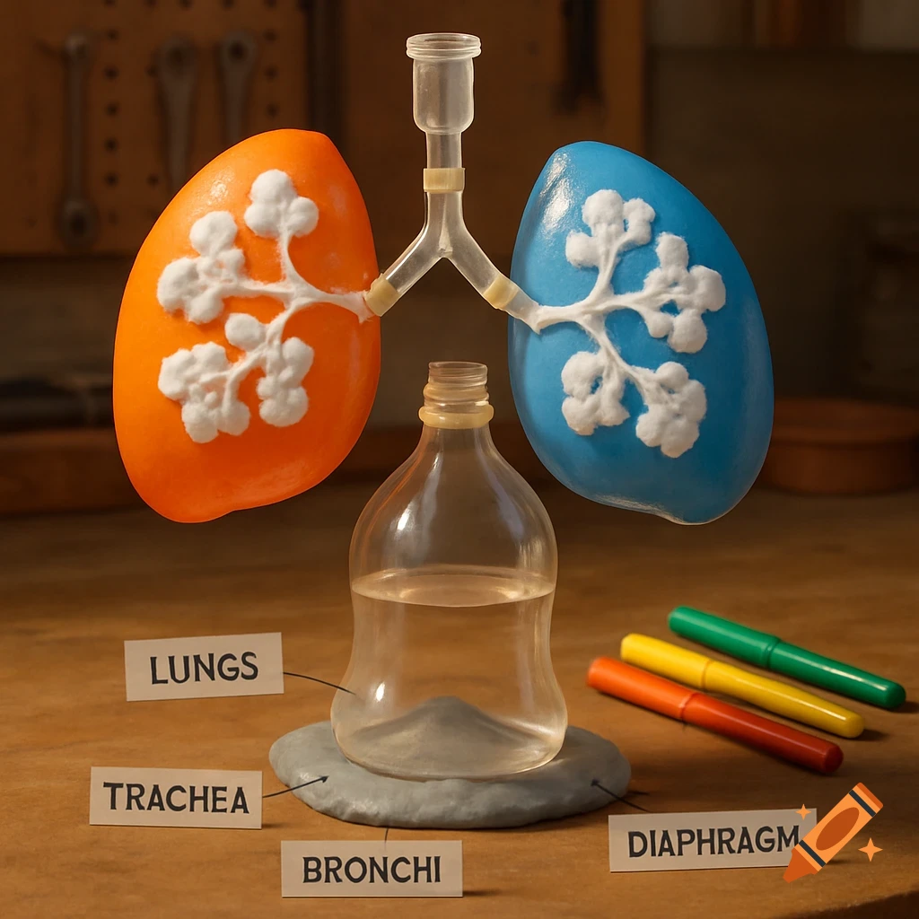 A detailed DIY model of the human respiratory system featuring orange and blue lungs, clear tubes, and labels on a wooden table.