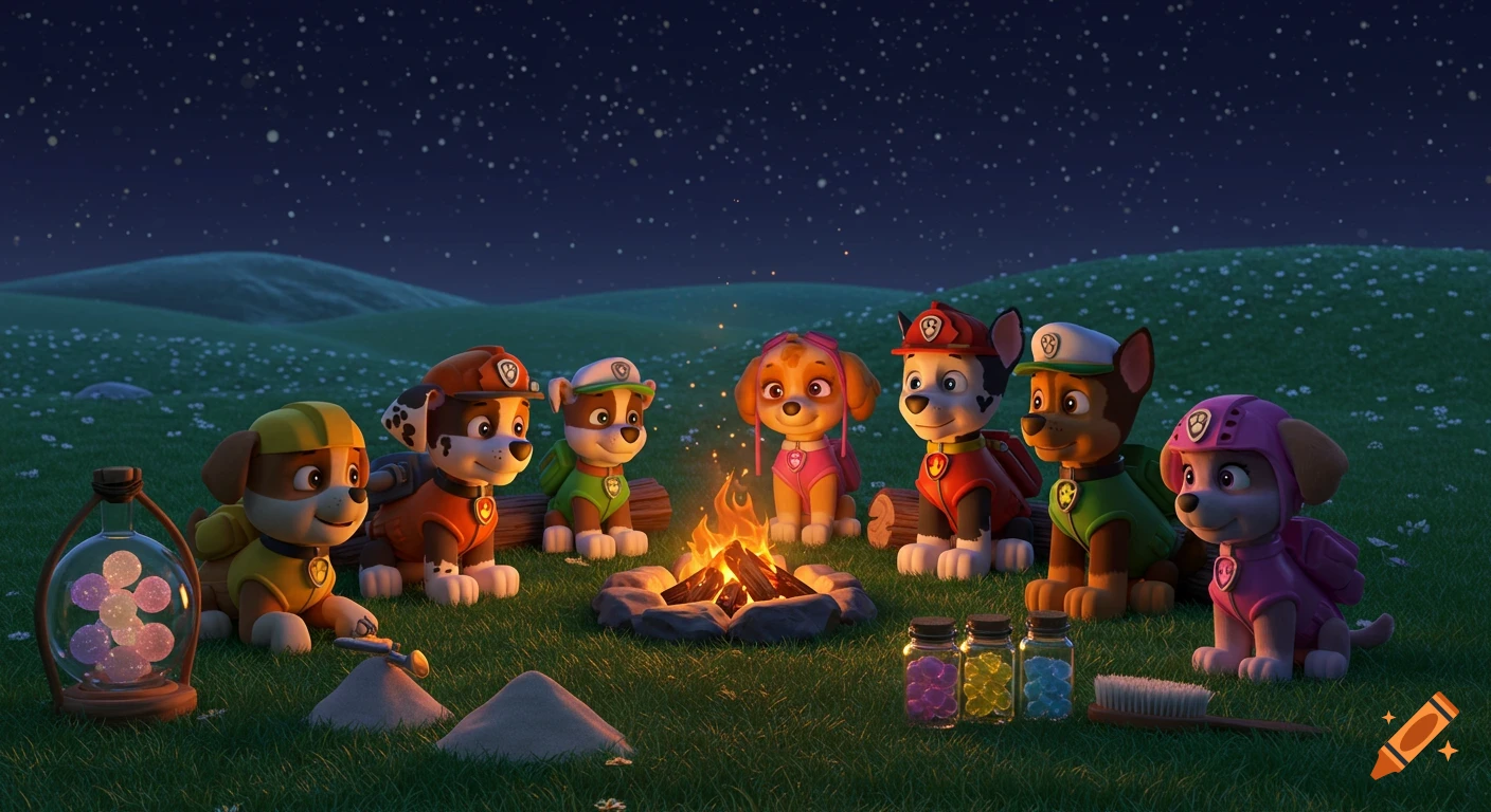 The Paw Patrol pups sit around a glowing campfire at night in a grassy field under a star-filled sky, in a CGI style.